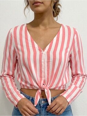 H&M Divided Pink White Striped Tie Front Crop Top Size 8